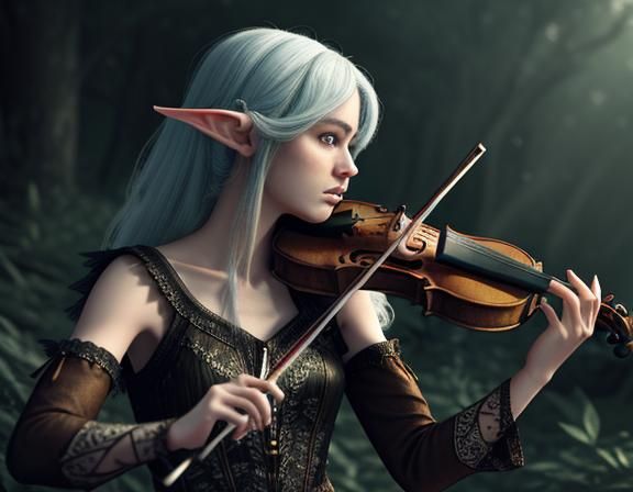 3D image of a beautiful elf playing the ((violin)) in front ...