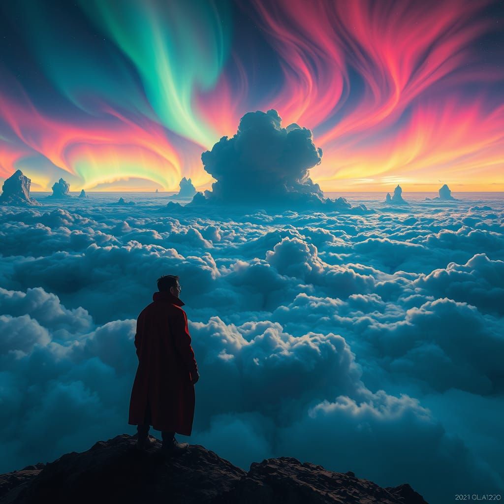 Ethereal Dreamer in a Vast, Vibrant Sky