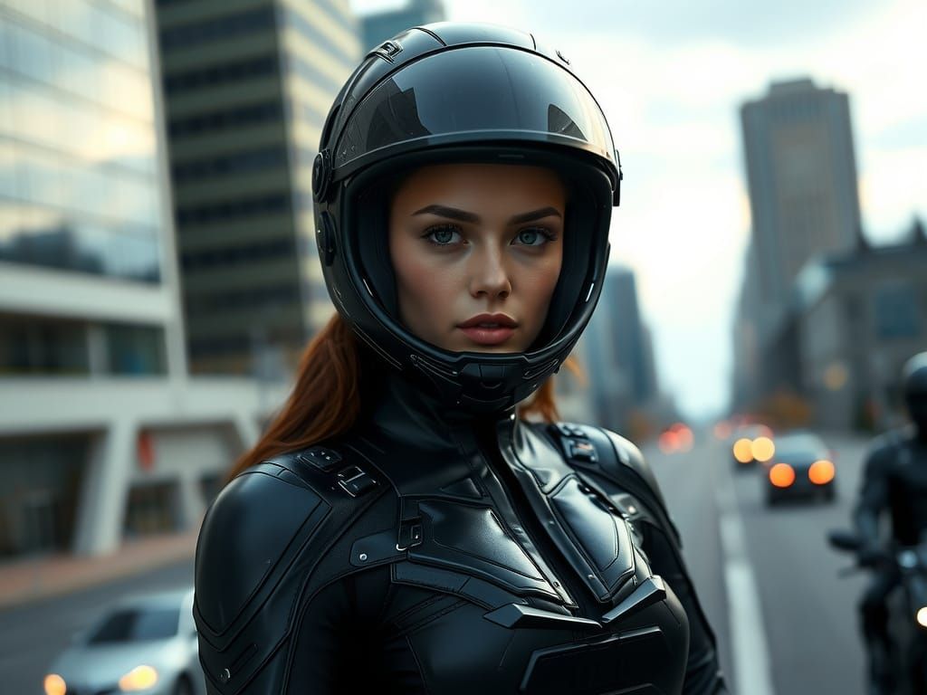 Woman in Sci-Fi Motorcycle Gear, City Street Background