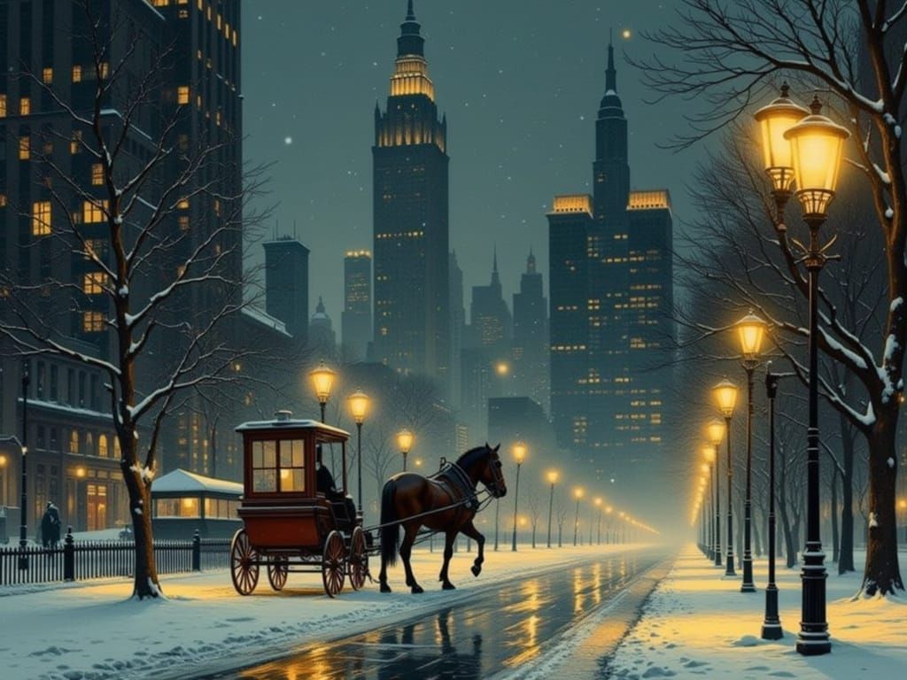 Vintage Snowy Carriage Scene with Golden Street Lamps