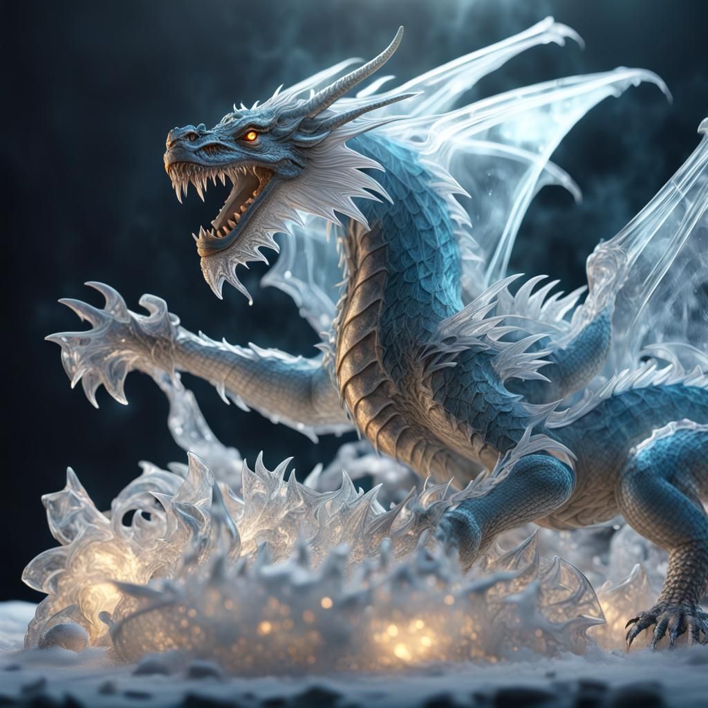 Icy Dragon Sculpture with Sparkling Reflections