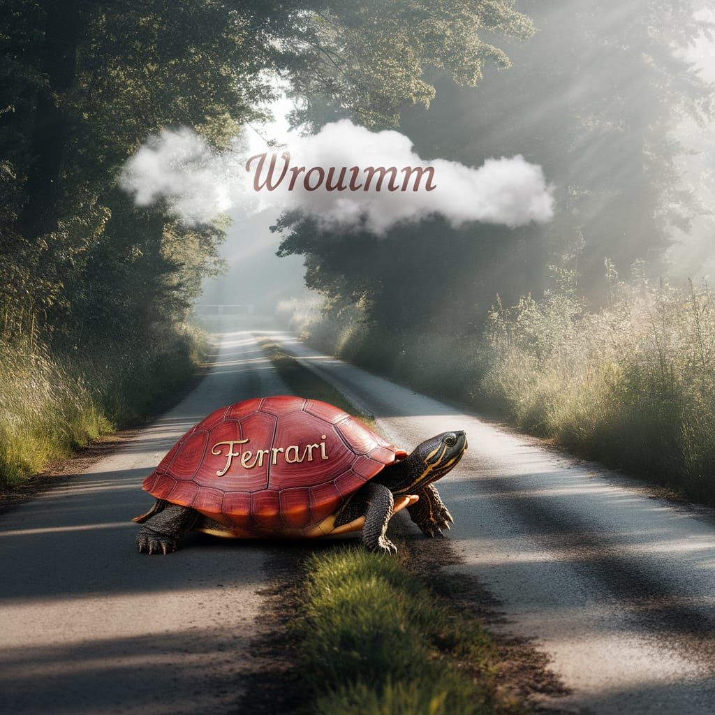 A turtle with a bright red shell. The word “Ferrari” is beautifully inscribed on its shell