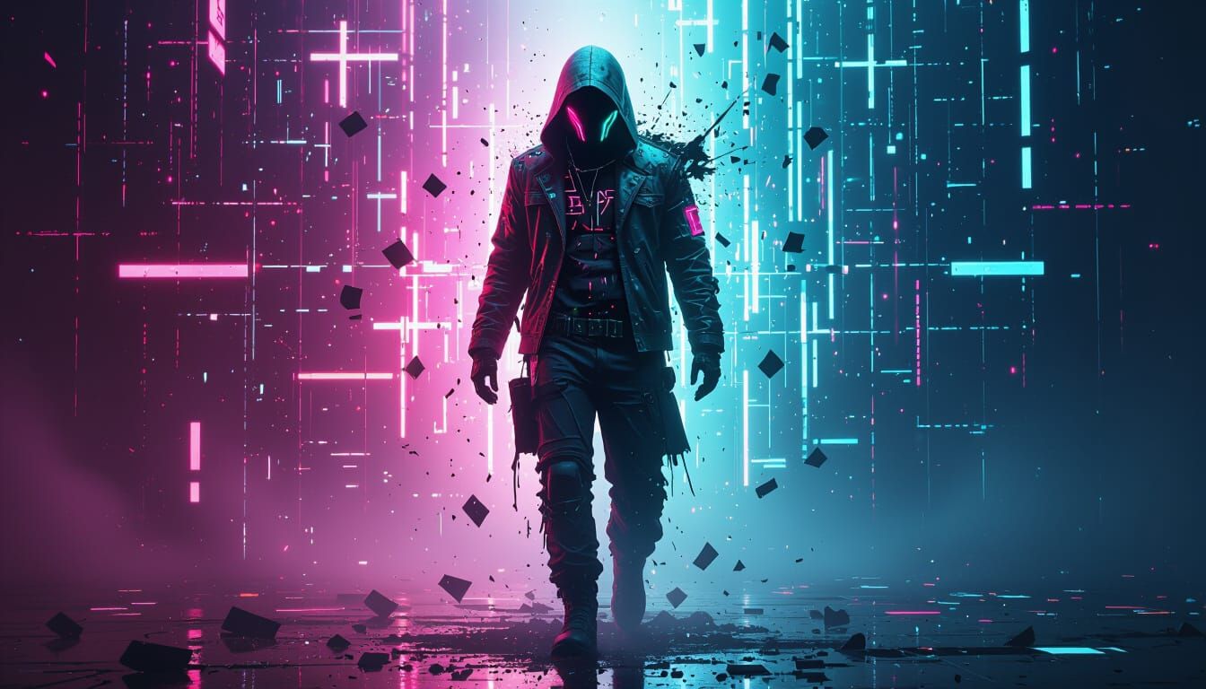 Abstract Human Breaks Free from Digital Matrix