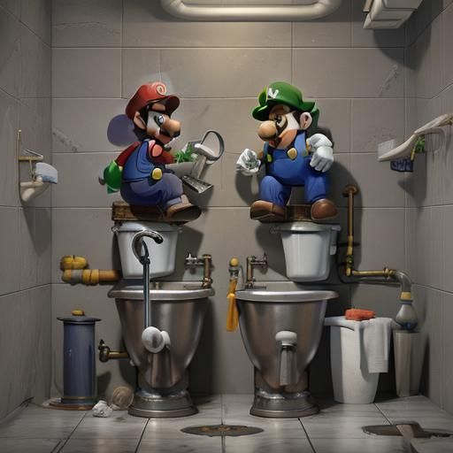Mario and Luigi Plumbing a Toilet in Matte Painting