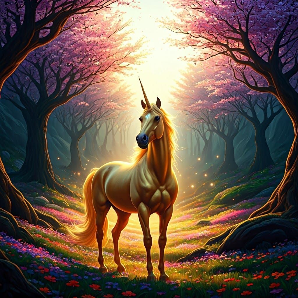 Ethereal Golden Unicorn in Vibrant Valley