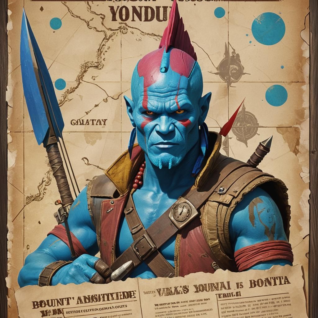 Wanted: Blue-Headed Bounty Hunter in Retro-Futuristic Style