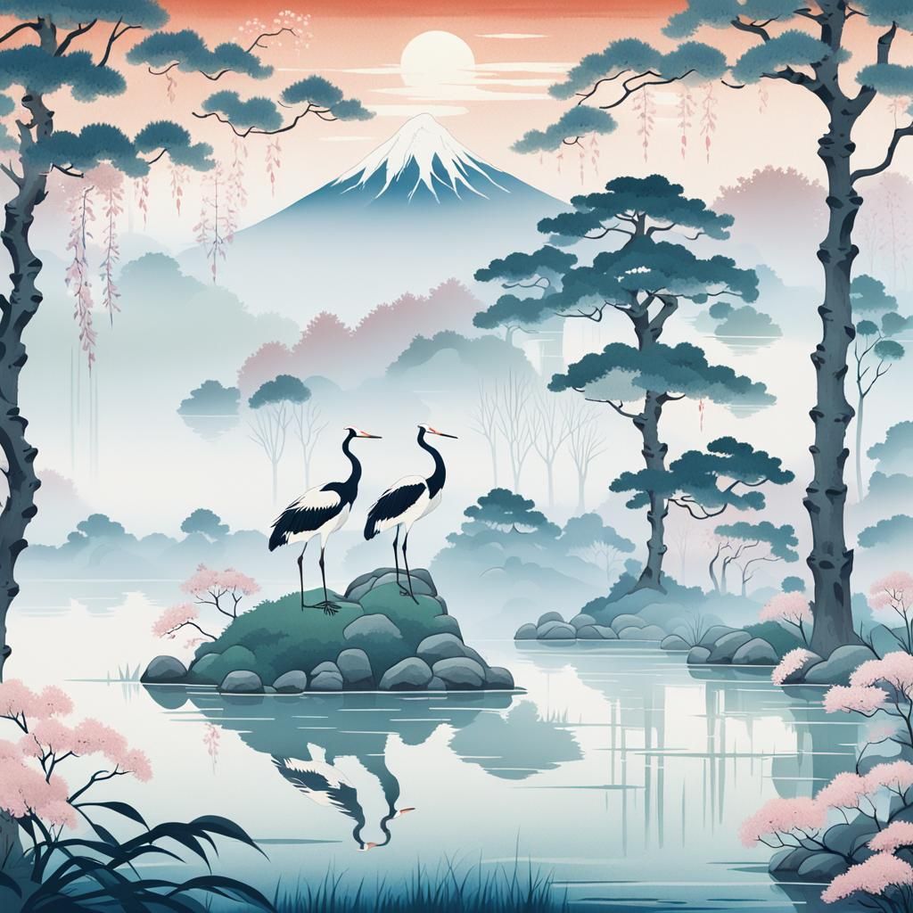 Cranes in Japanese Garden, Ukiyo-e Impression