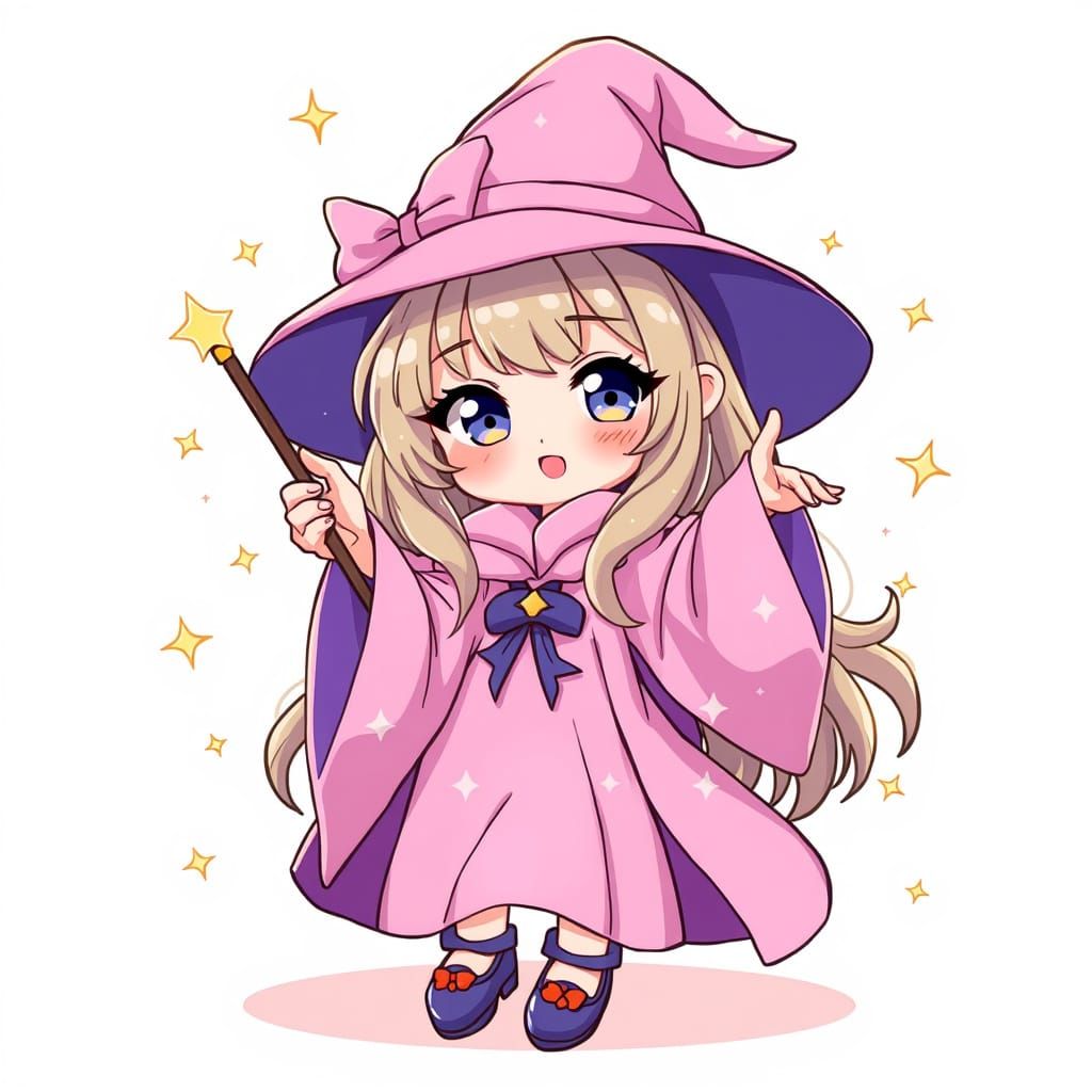Pastel Witch with Wand in Kawaii Anime Style