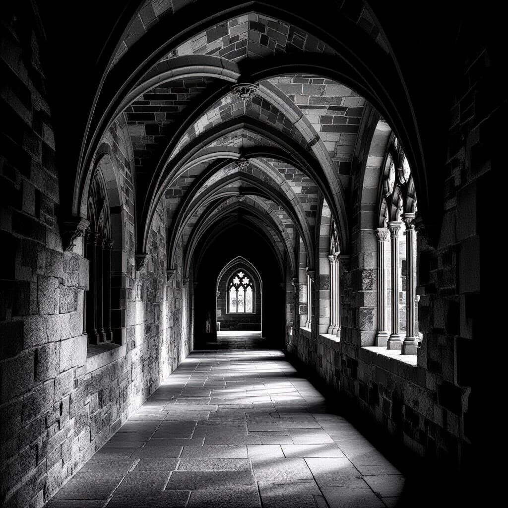 Medieval Cloister Corridor in Light and Shadow