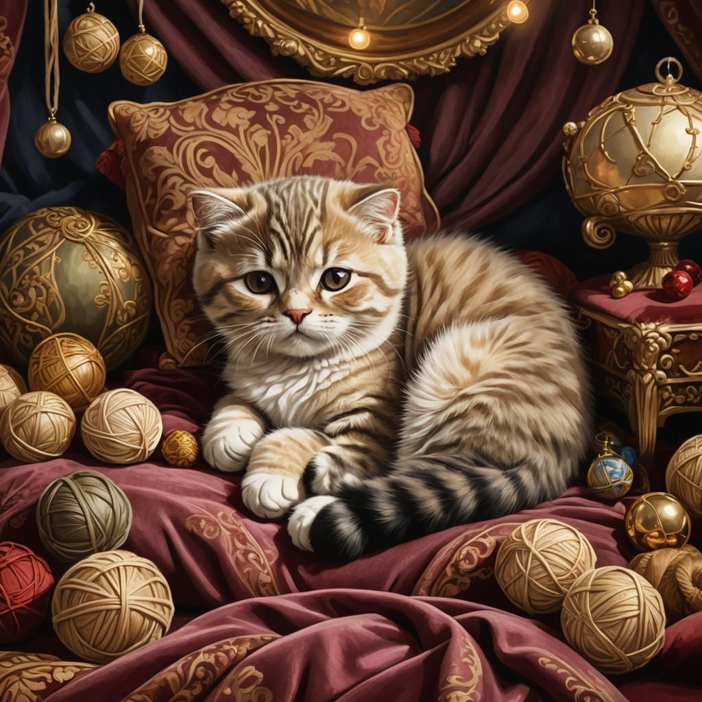 Cozy Victorian Kitten Napping: A Digital Painting