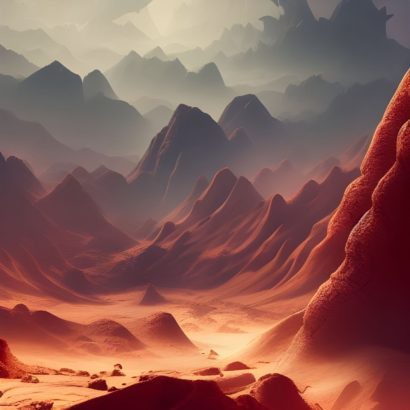 Glowing Desert Landscape with Dark Mountains