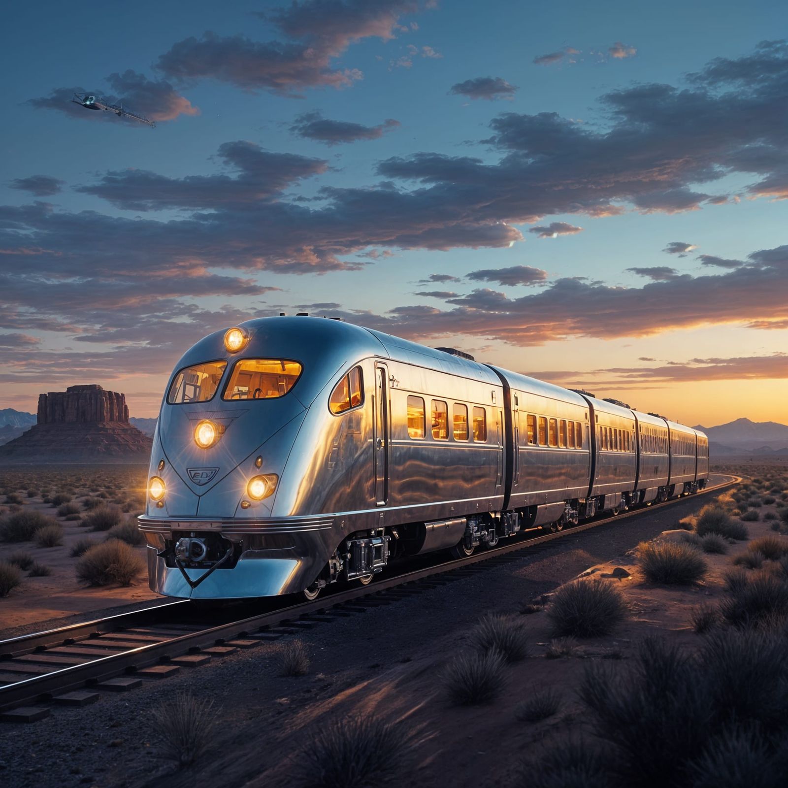Chrome Train Speeds Through Desert at Twilight
