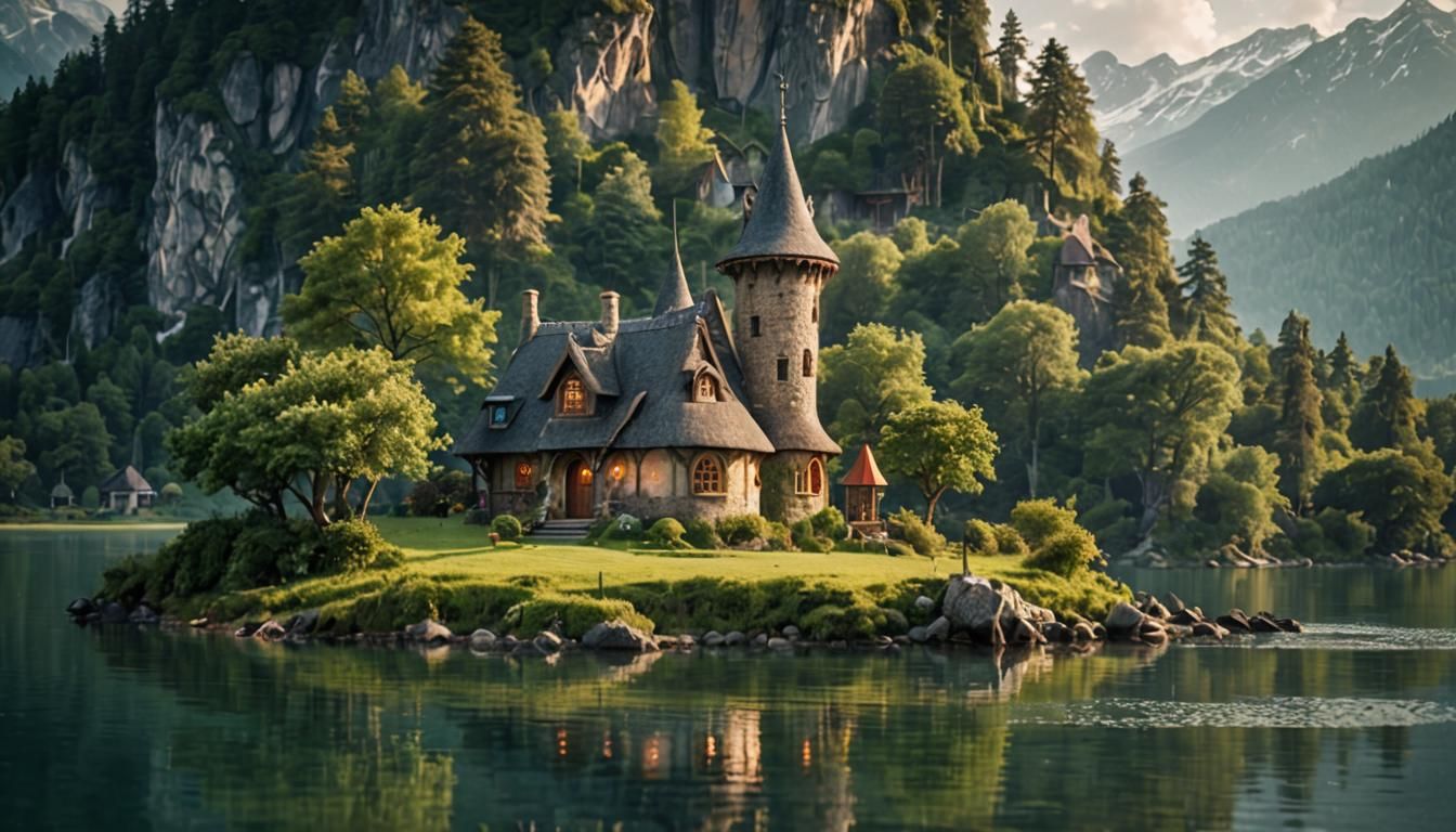 Elven Cottage on Island in Misty Lake
