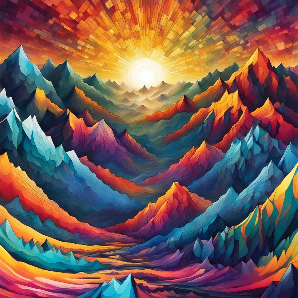Colorful Sunrise Mountain Range in Graffiti Art Style
