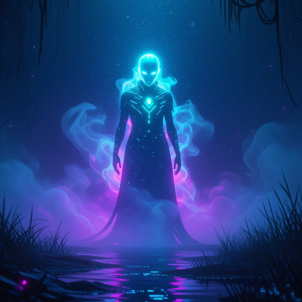 Bioluminescent Being in Mystical Neon Environment