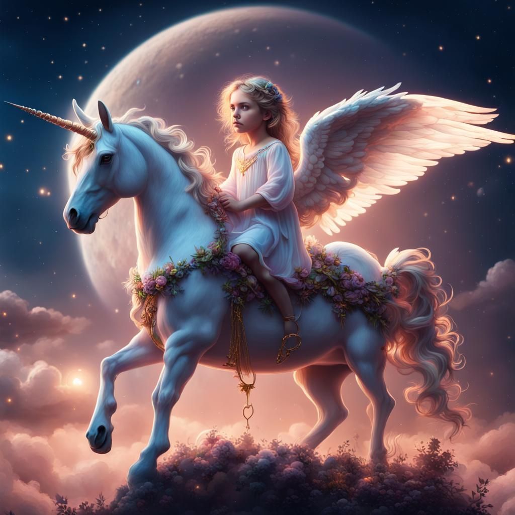 Angel on Unicorn in Night Sky: Fantasy Art