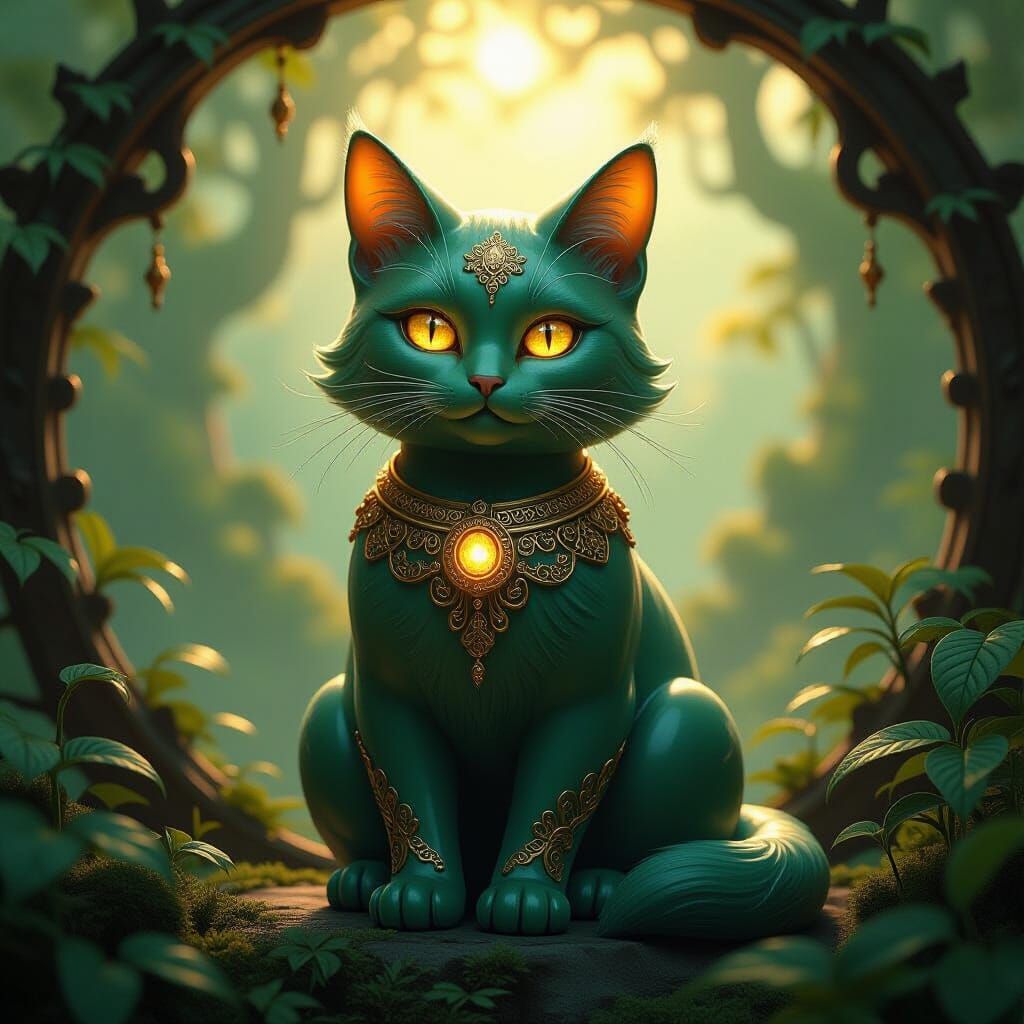 Jade Cat with Gold Filigree in Mystical Forest