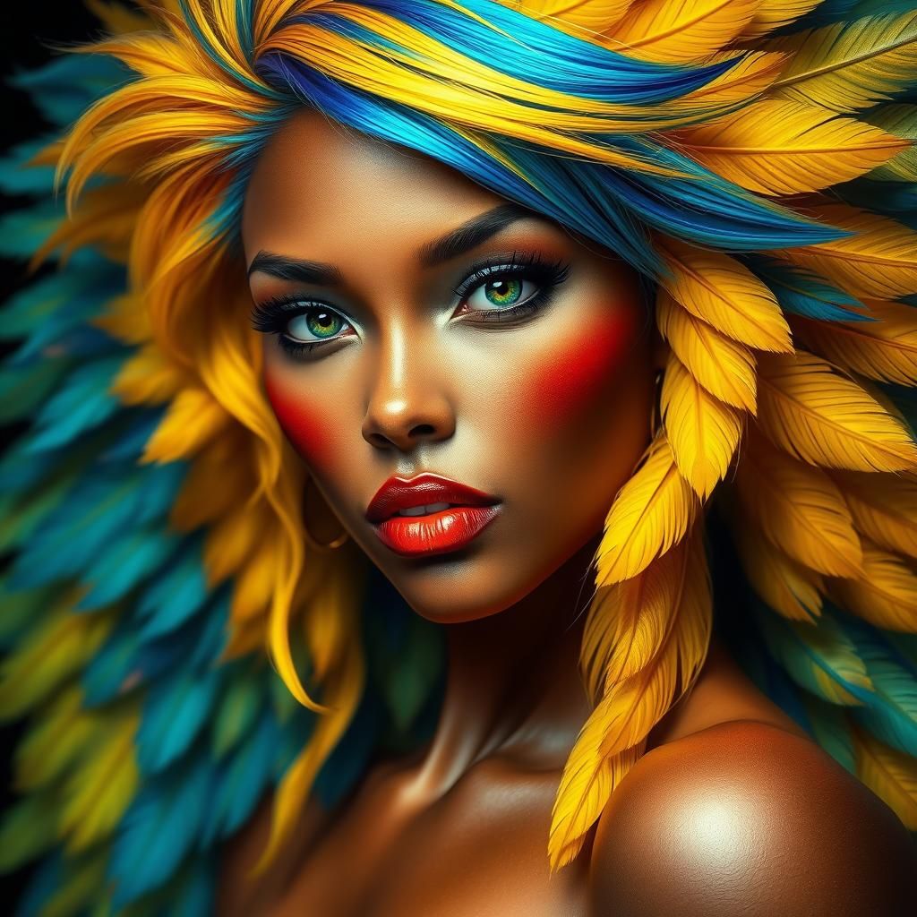 Vibrant Woman with Metallic Skin and Colorful Feathers
