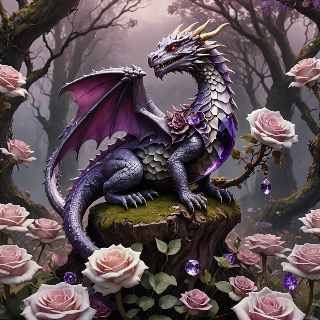 Enchanted Dragon with Amethyst Crystal in Fantasy Art