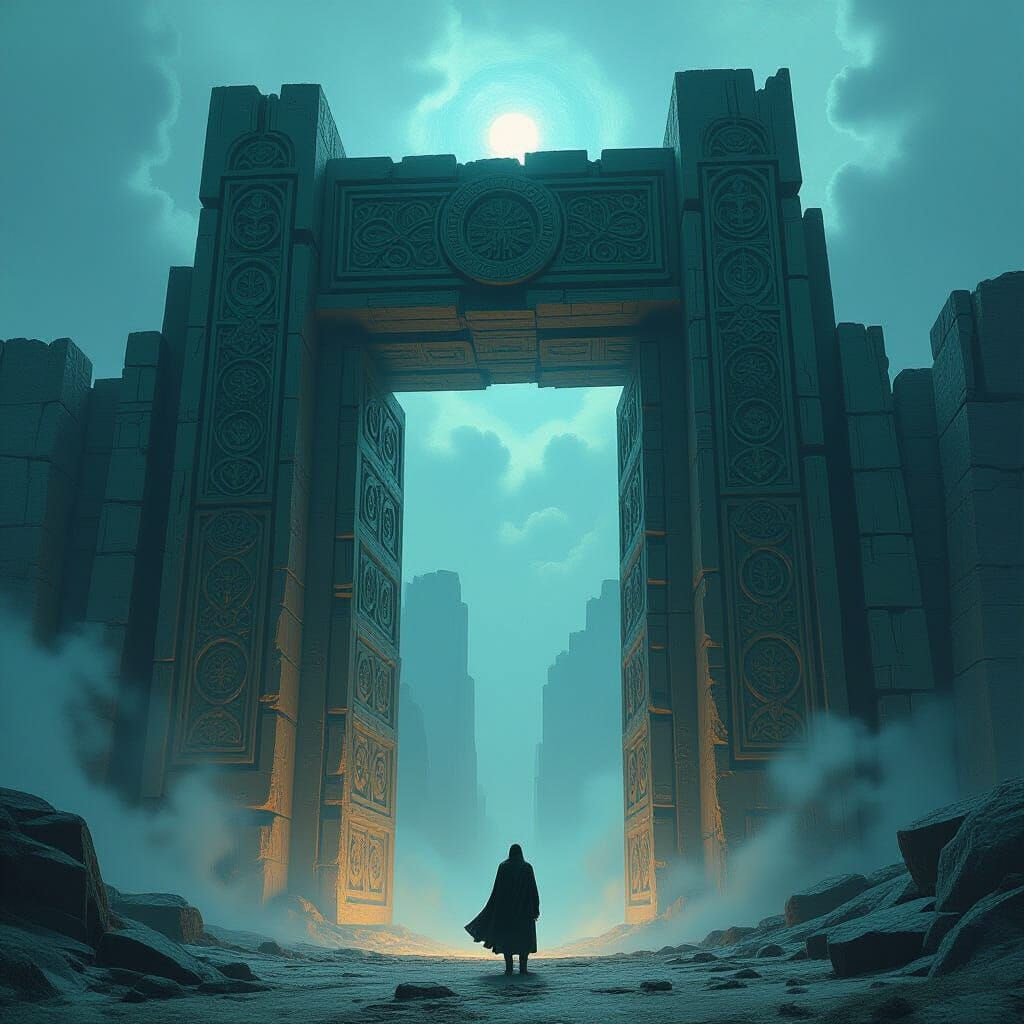 Colossal Gate to Mythical Realm in Dark Fantasy Style
