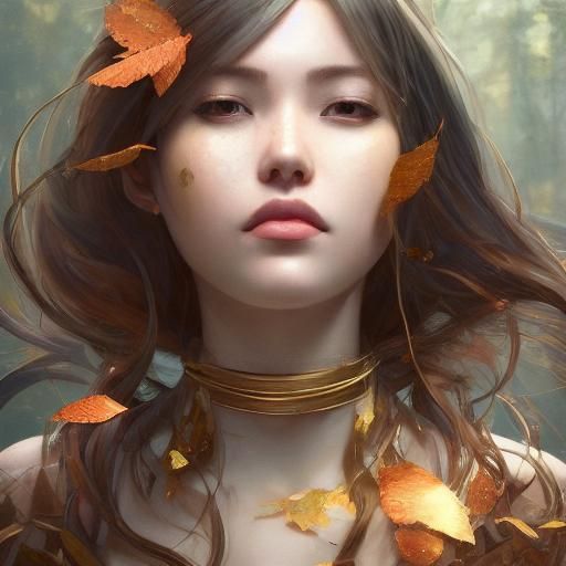 Fantasy Maiden Portrait with Golden Autumn Leaves