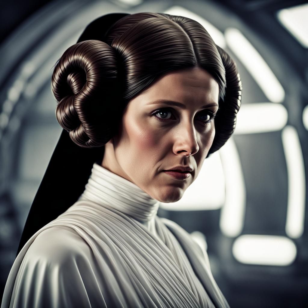 Hyperrealistic Princess Leia Portrait in Cinematic Style