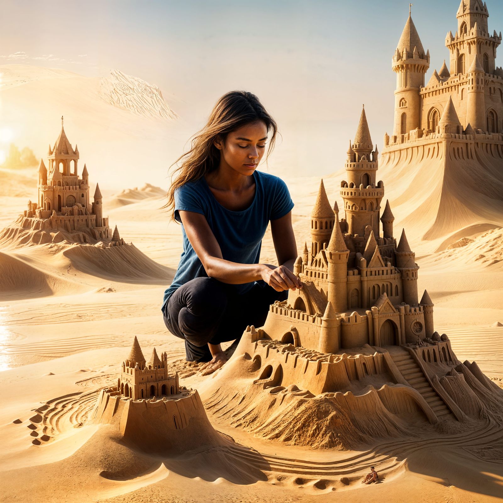 Young Woman's Hyperrealistic Sandcastle Creation