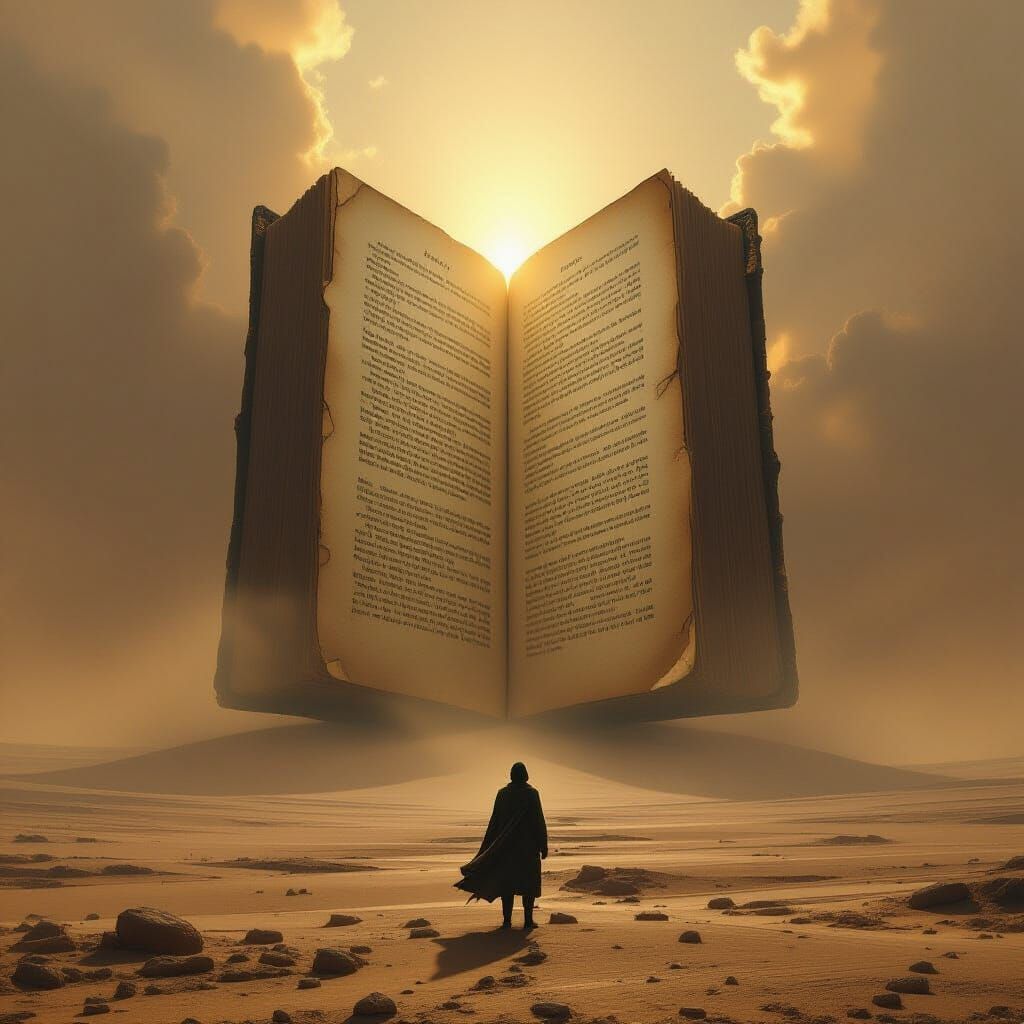 Figure Gazes at Giant Ancient Book on Desolate Plain