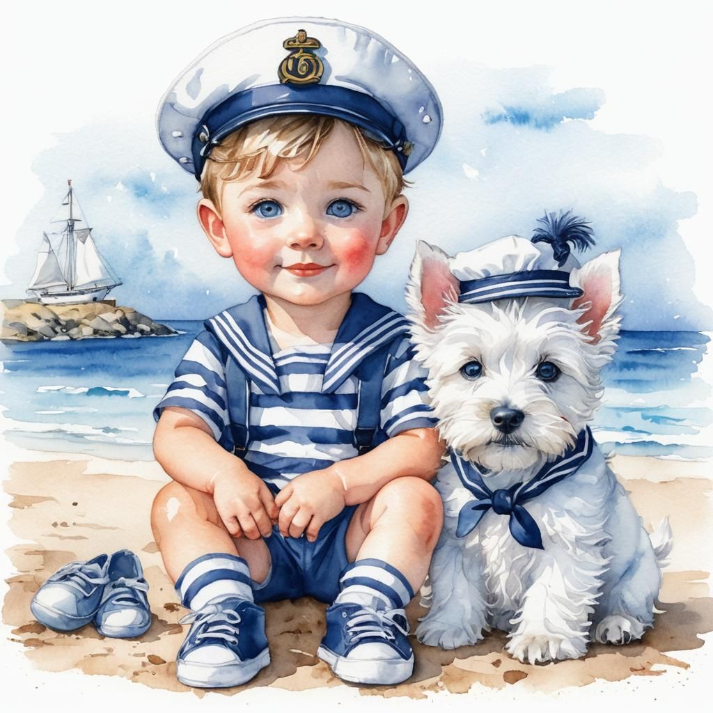 Boy and Westie Puppy in Watercolor Sailor Outfits