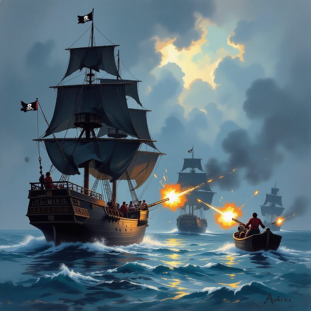 Container Ship Under Attack by Pirates Gouache Painting