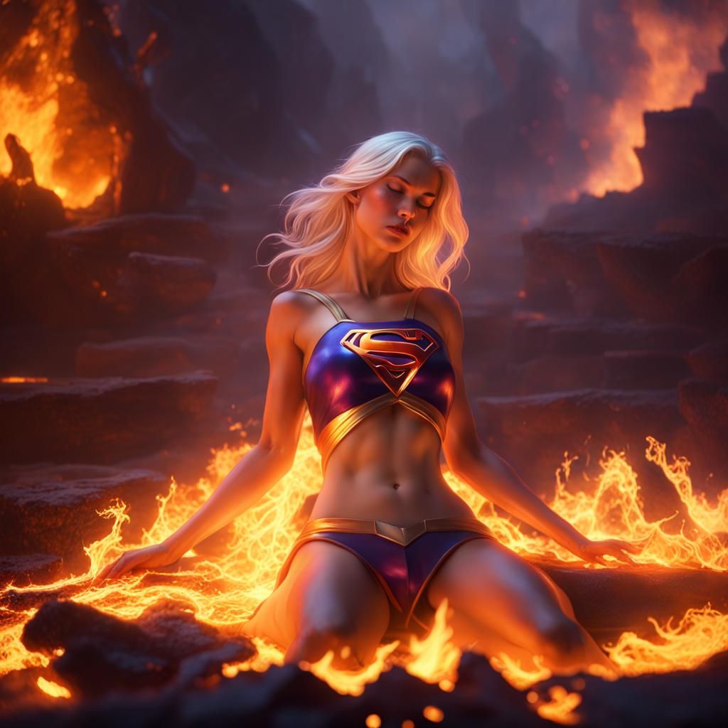 Supergirl Asleep in Fire: Dark Fantasy Concept Art