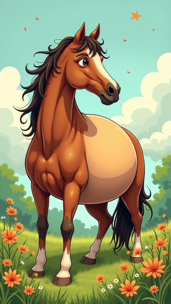 Pregnant Horse in Meadow: Whimsical Comic Art
