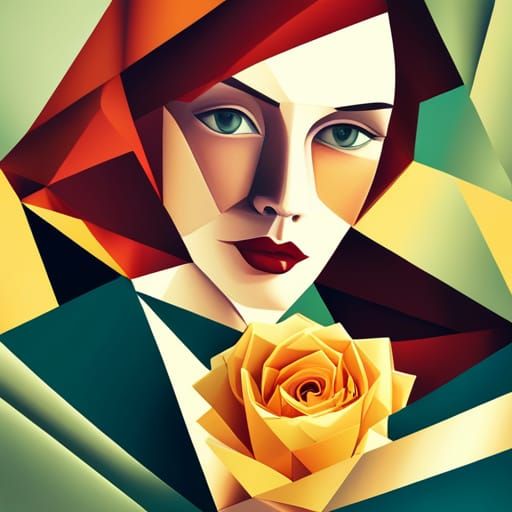 Redhead with Yellow Rose in Cubist Art Deco Style