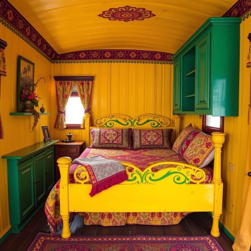 Romani Caravan Interior with Vibrant Folk Art