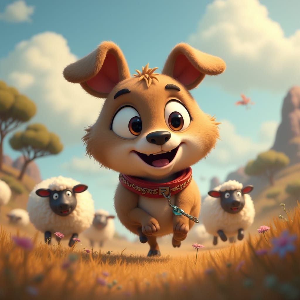 Cartoon Dog Chasing Sheep in Footrot Flats Style