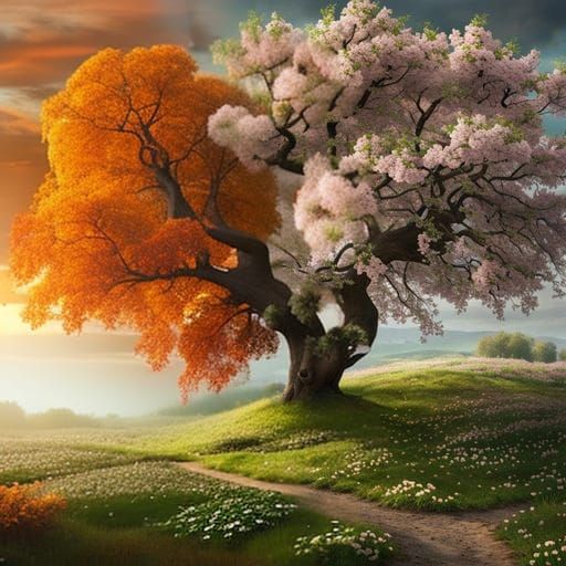 Brilliant Autumn Tree in Neo-Impressionist Style