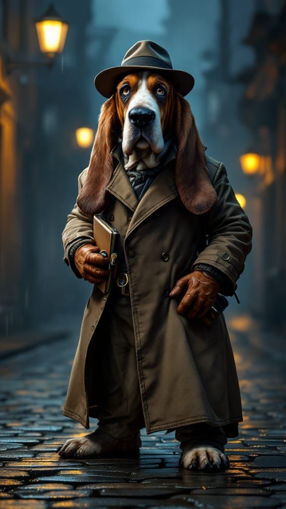 Anthropomorphic Basset Hound Detective in Noir Mystery Setti...