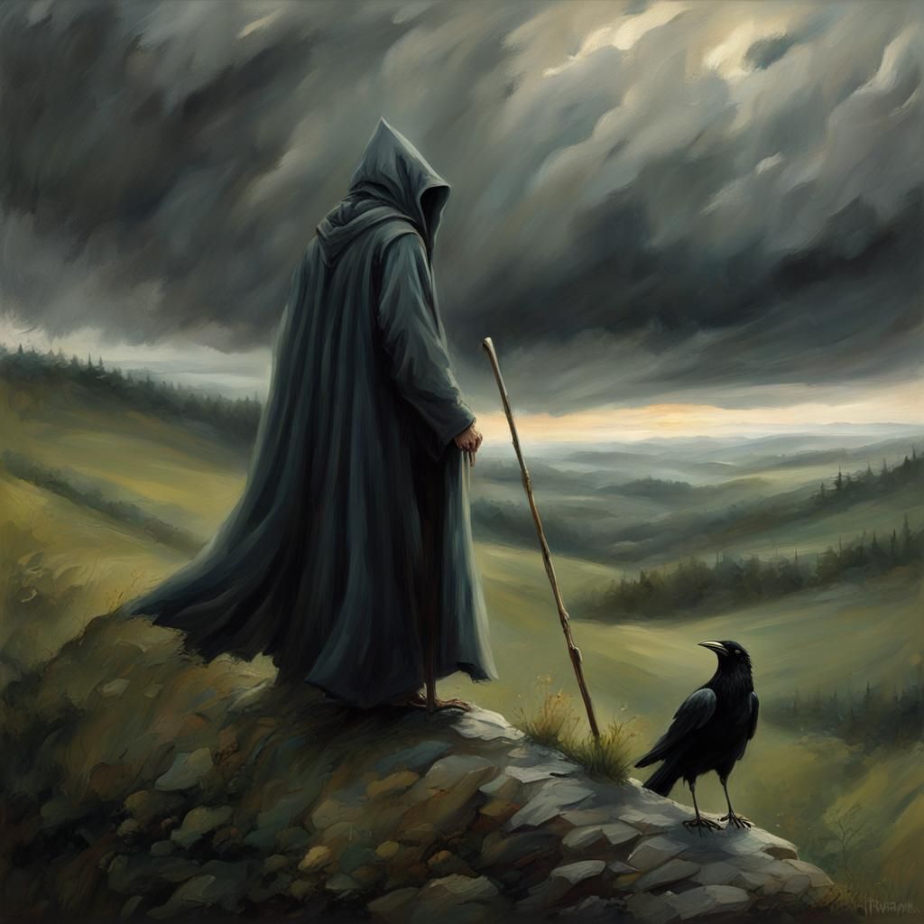 Odin in Nordic Art Style on a Stormy Hill