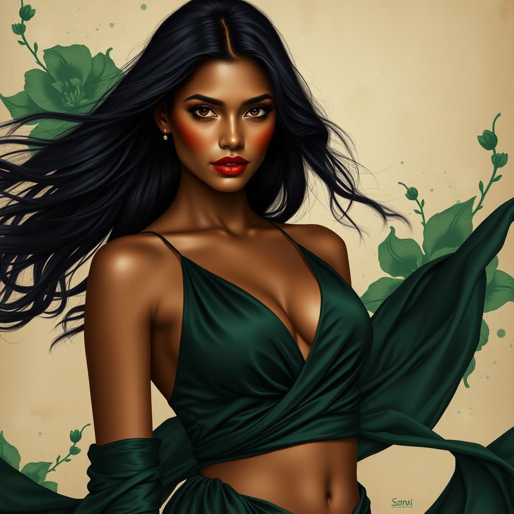 Elegant Sri Lankan Goddess in Dark Green Gown