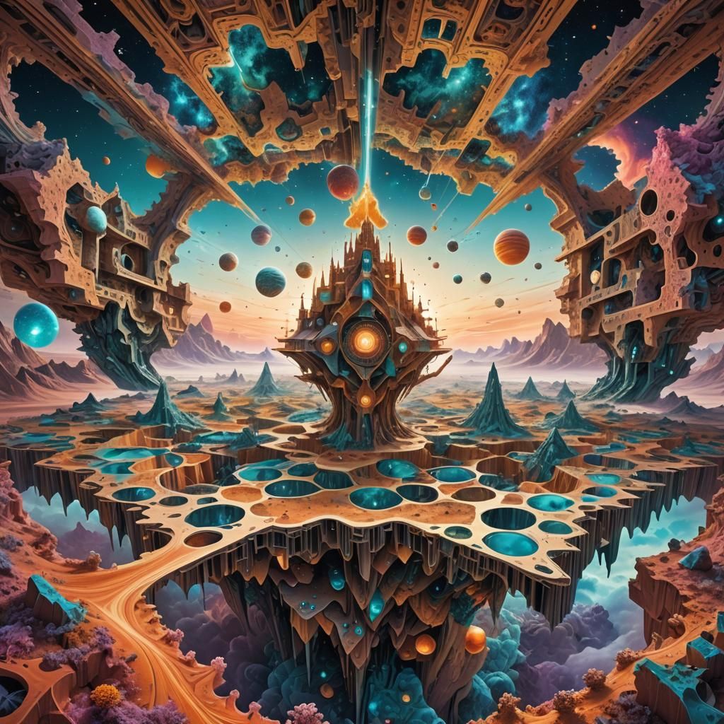 Surreal Fractal Landscape with Floating Structures
