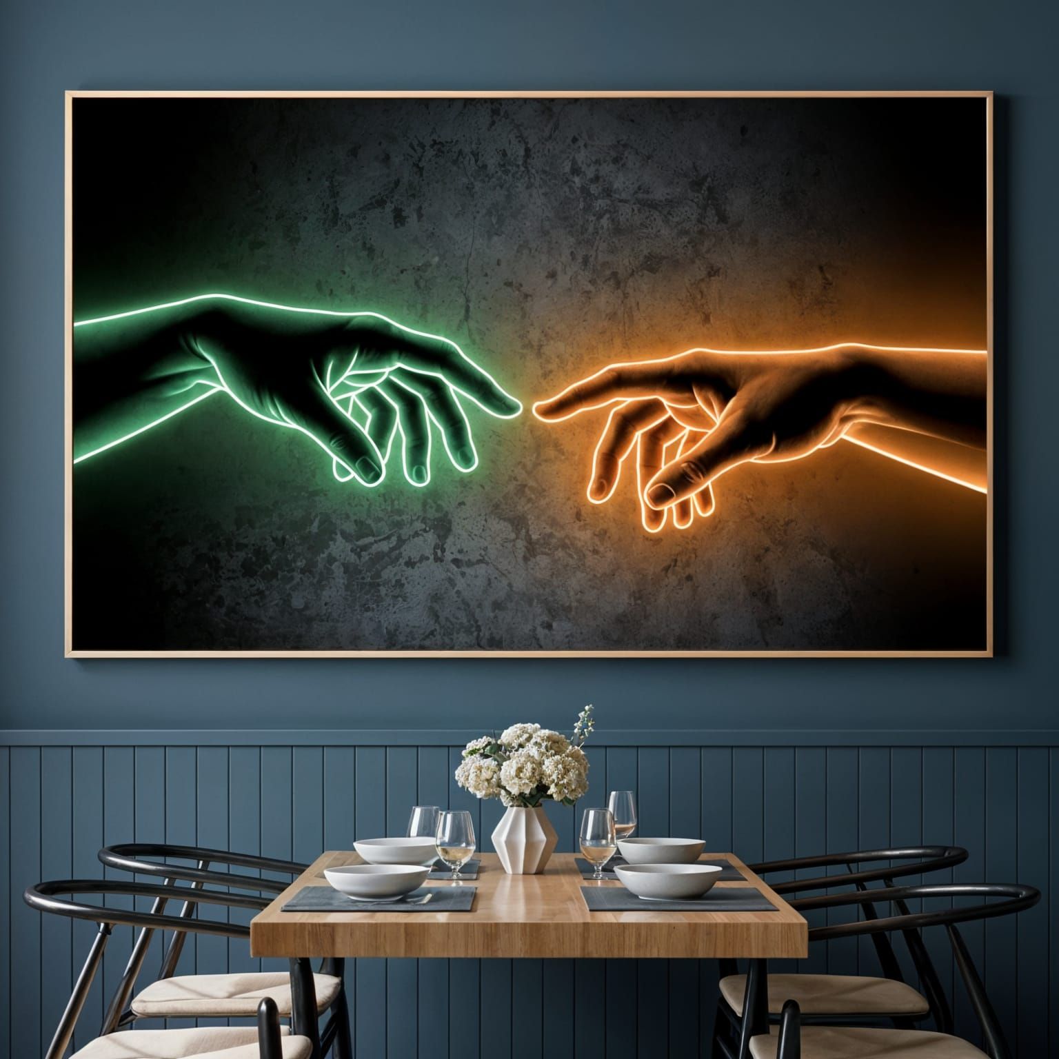 Neon Hands Reaching in Modern "Creation of Adam"