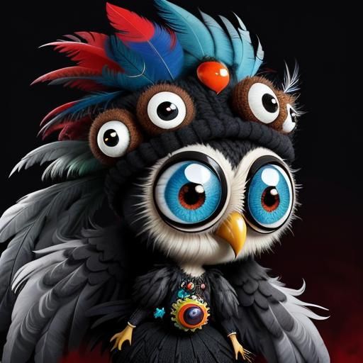 Googly-Eyed Baby Owl in Gothic-Punk Style