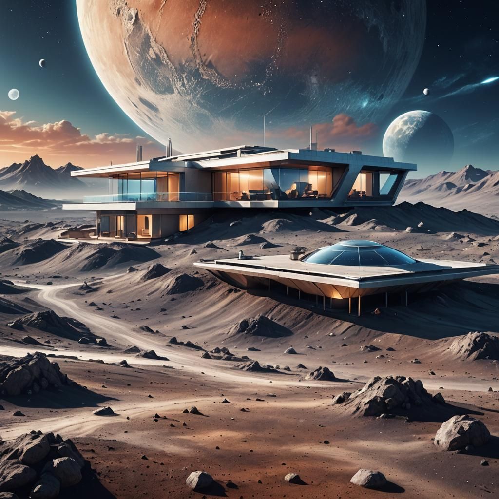 Modern Minimalist House on the Moon: Sci-Fi Illustration