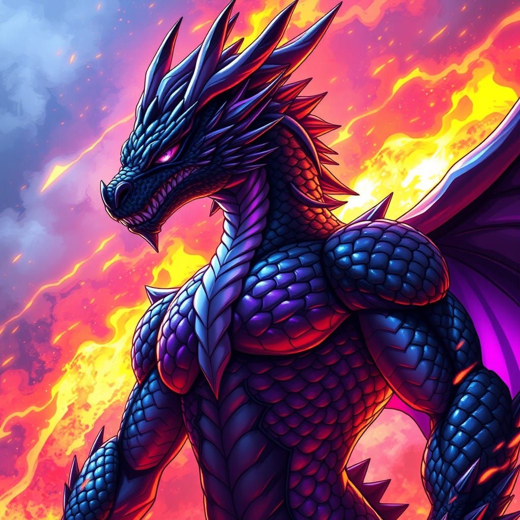 Majestic Dragon-Man in Dark, Vibrant Anime Style
