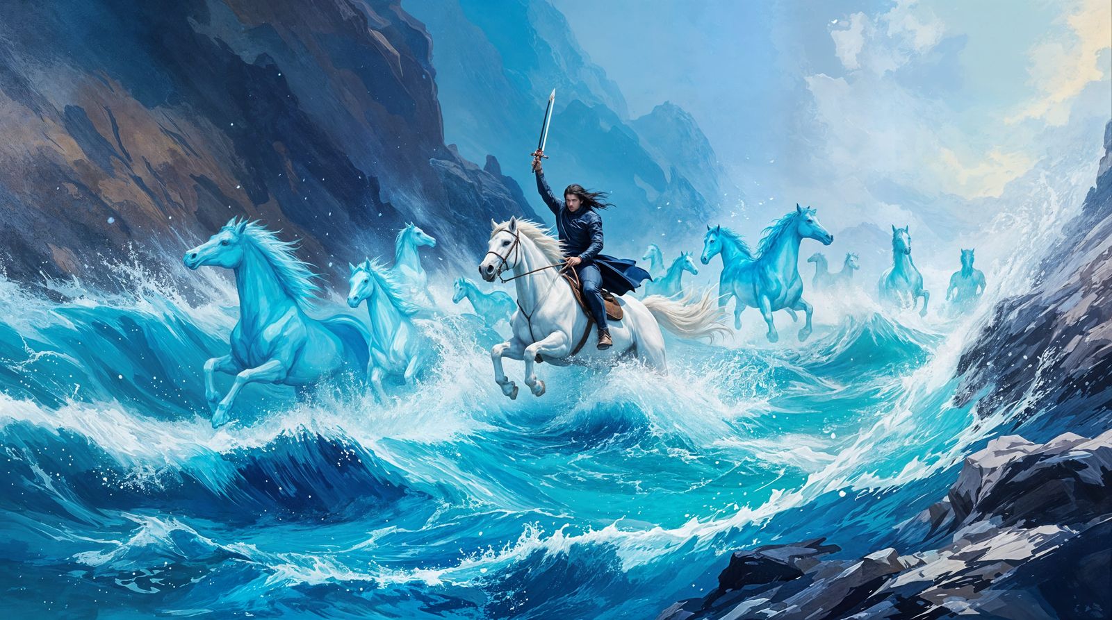 Heroic Rider Battles Turbulent Spectral River