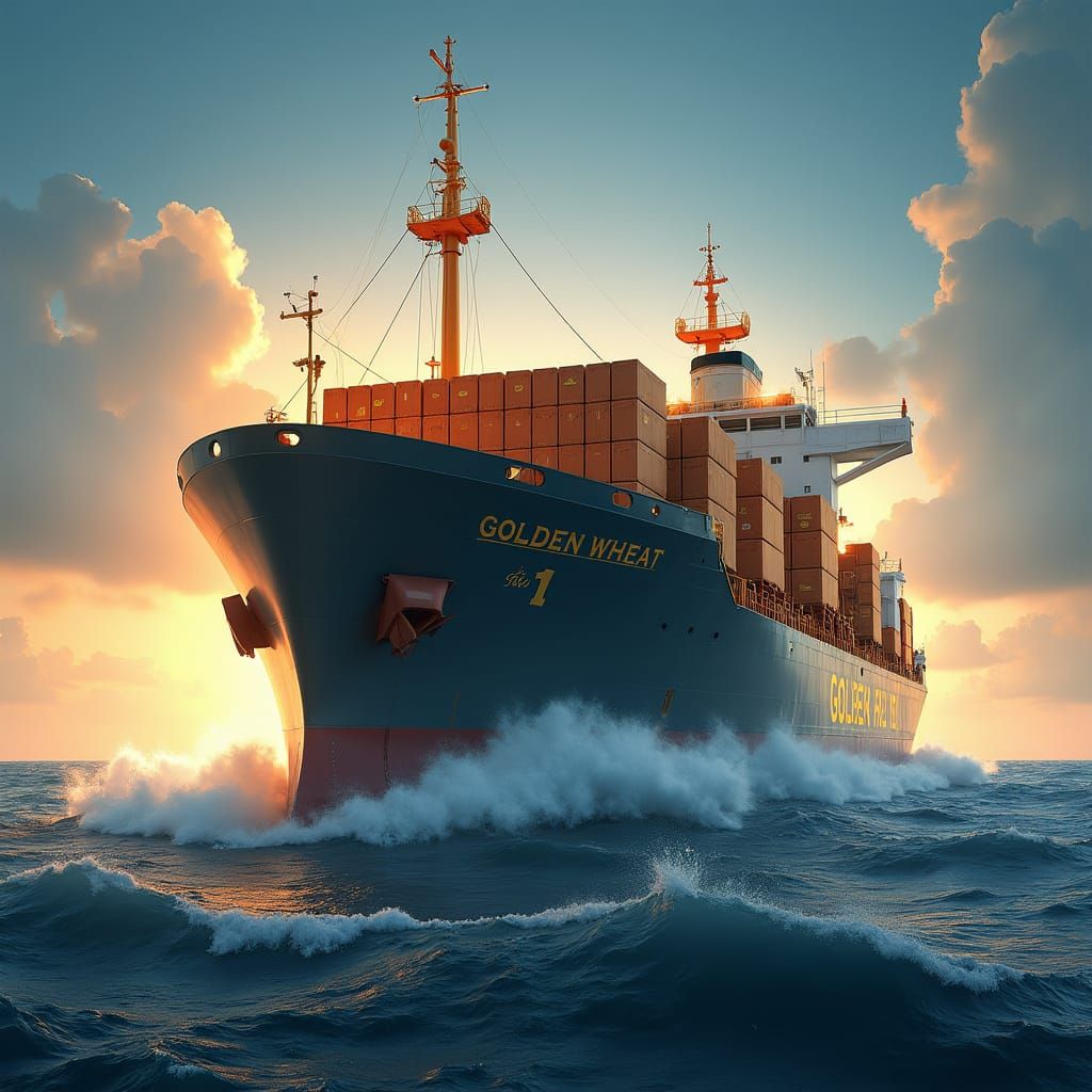 Golden Wheat Cargo Ship in Futuristic Seascape