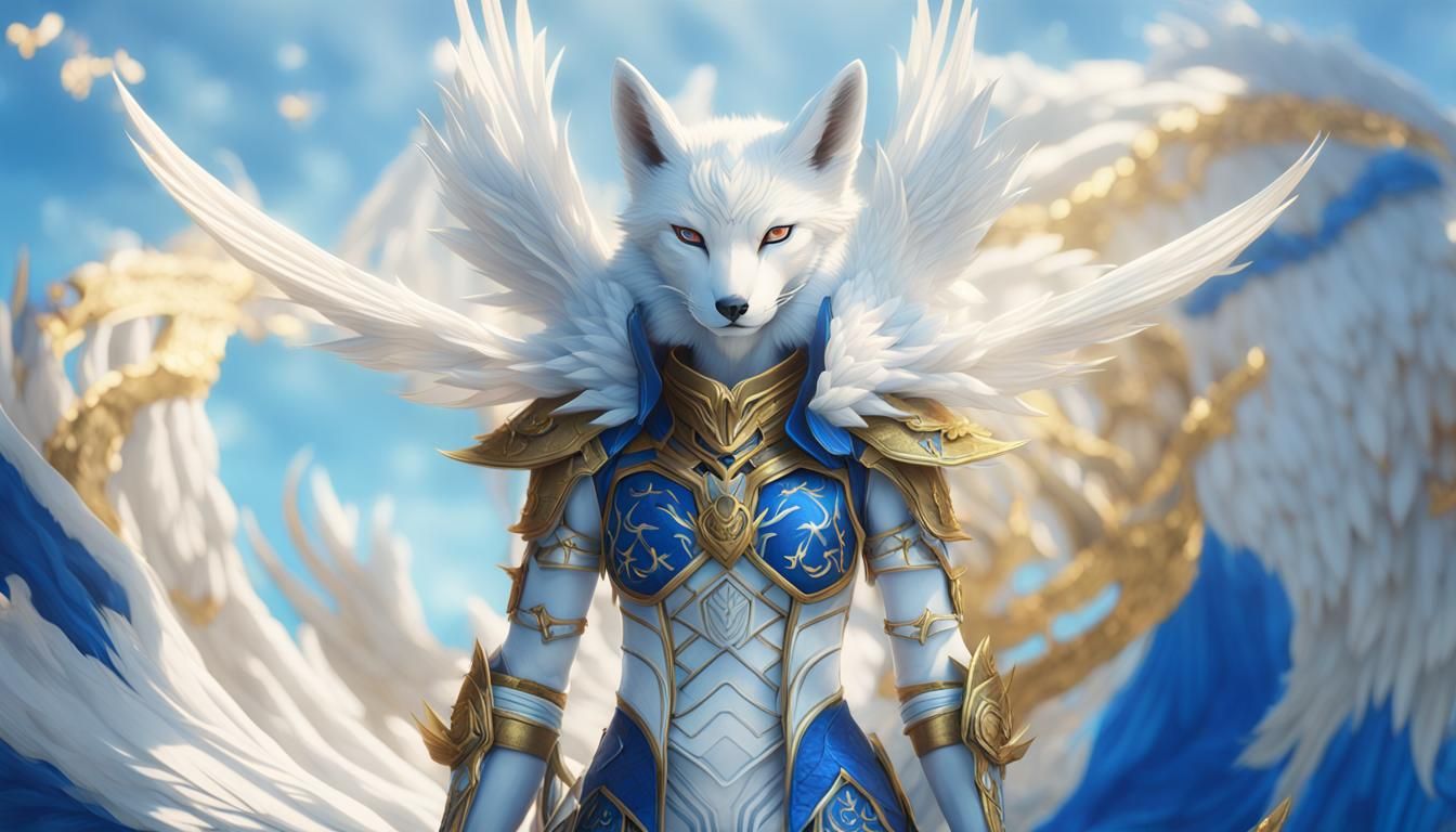 Armored Nine-Tailed Kitsune with Angelic Wings