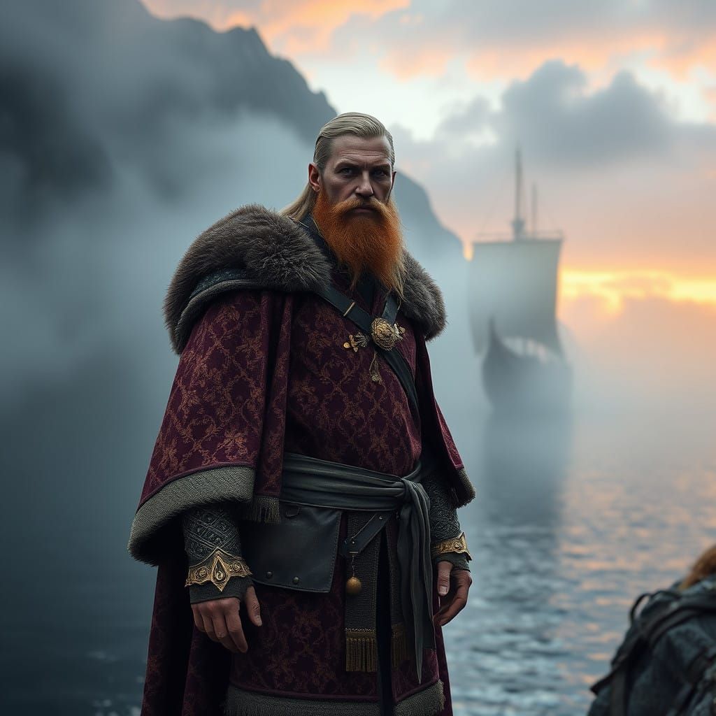 Viking Warrior in Cloak with Majestic Longship Afloat