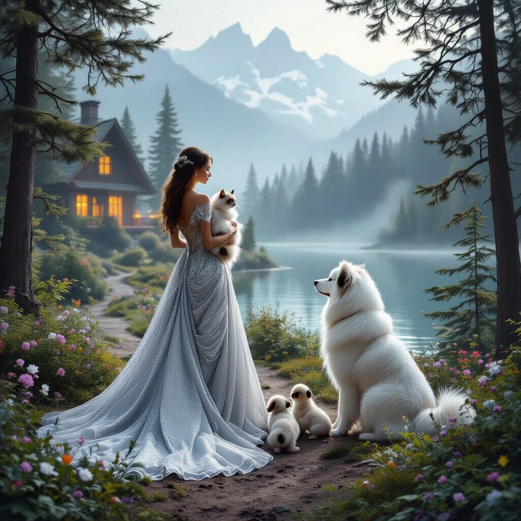 Woman with Cat and Dog in Misty Landscape