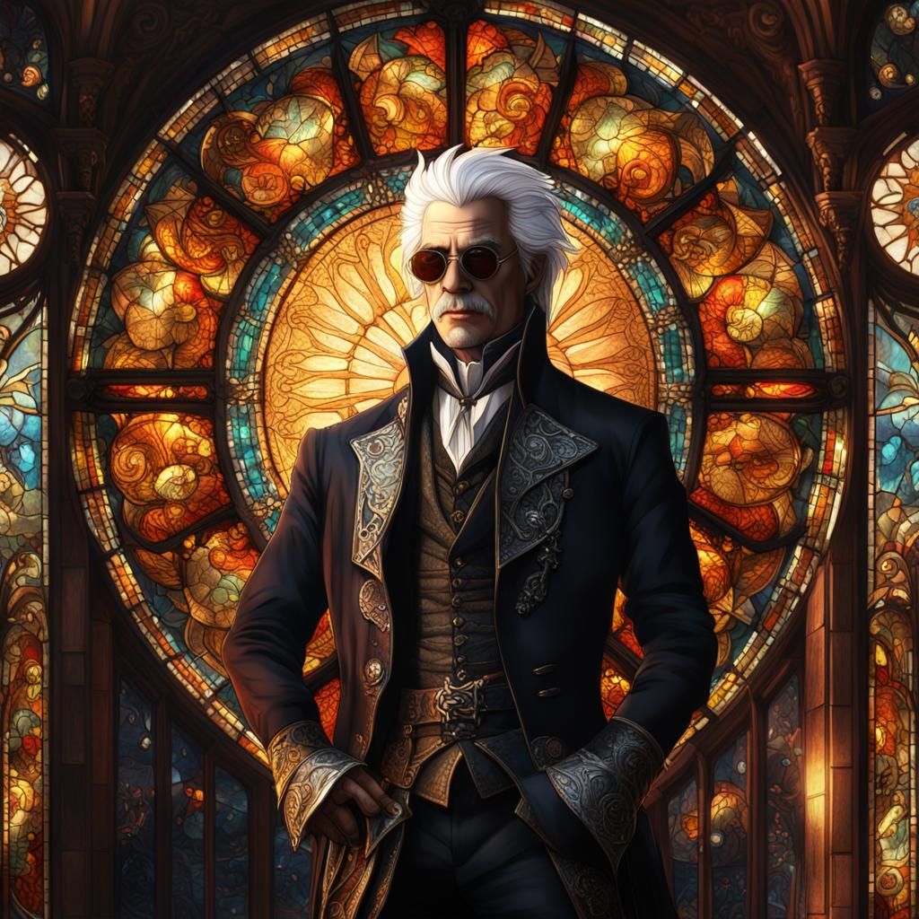 Steampunk Vampire in Front of Stained Glass Window